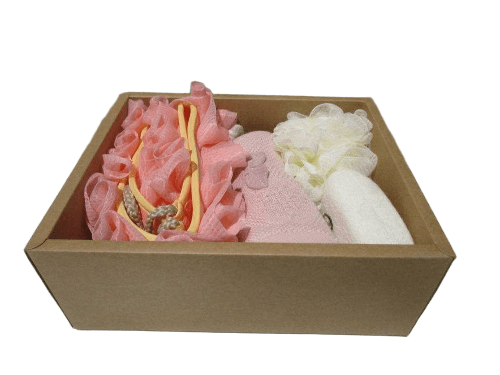 Bath Set 1serviette + 1 Bande De Bain + 1 Eponge De Bain + 1 Boule De Bain. Packing : Kraft Box 2 Color Assblue Pink