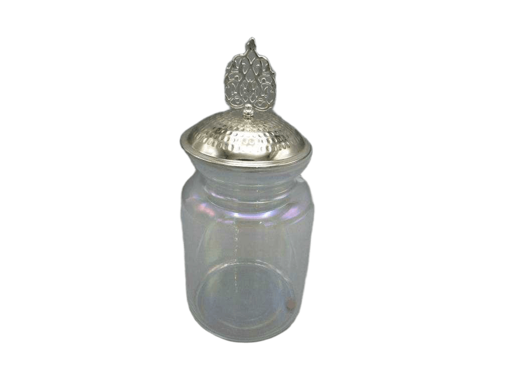 Jar Clear Iridescent Glass With Hammered Silver Lid + Silver Peacock Tail Handle Transparent D=11cm H=26cm
