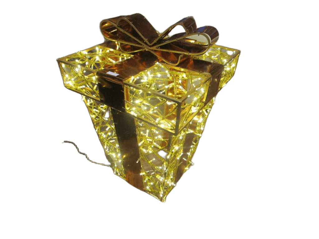 Christmas 3d Giftbox, Size:0.65x0.65x1m, Golden Painted, With 320steady+80 Flashing Warm White Led, 10m Leading Cable, With Ip67 Professional Transformer
