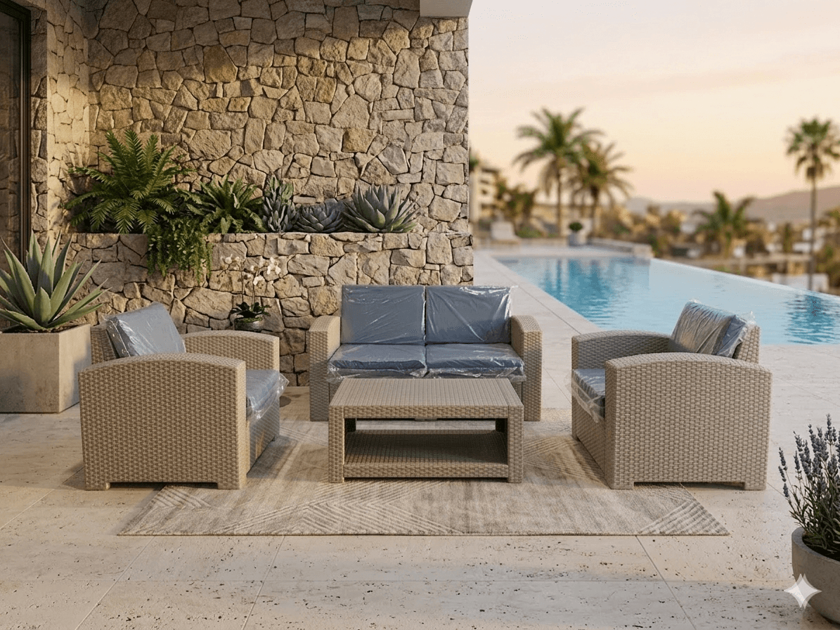 Sofa Outdoor Set 2+1+1+tableratten:grey Cushion: A15708 Blue2s: 141x71x75 1s: 71x83x75 Table: 93x56x38.5 Arm Rest Size: 12.5cm