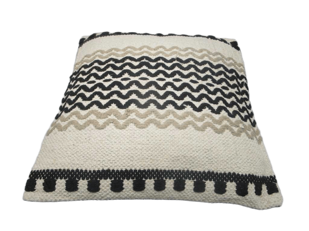 Cushion : Front In Cotton Woven Rug Quality. Back In Plain Cotton With Zipper. Vacuum Packed With 400 Gms Polyfill Filler Inside. Cover - 100% Cotton Filler - 100% Polyester
