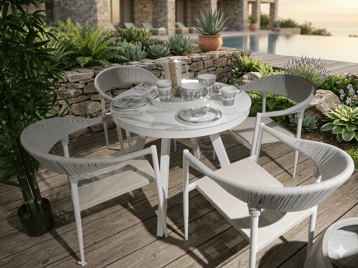 Dining Table Set Round Marble Effect + 4 Armchairs