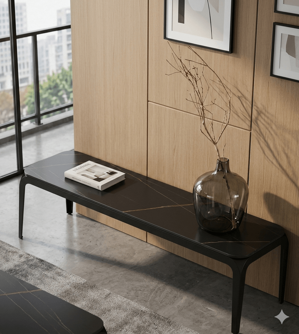Tv Unit :12mm Top Glass With Ceramic Design, Black Steel Legs 140*40*40