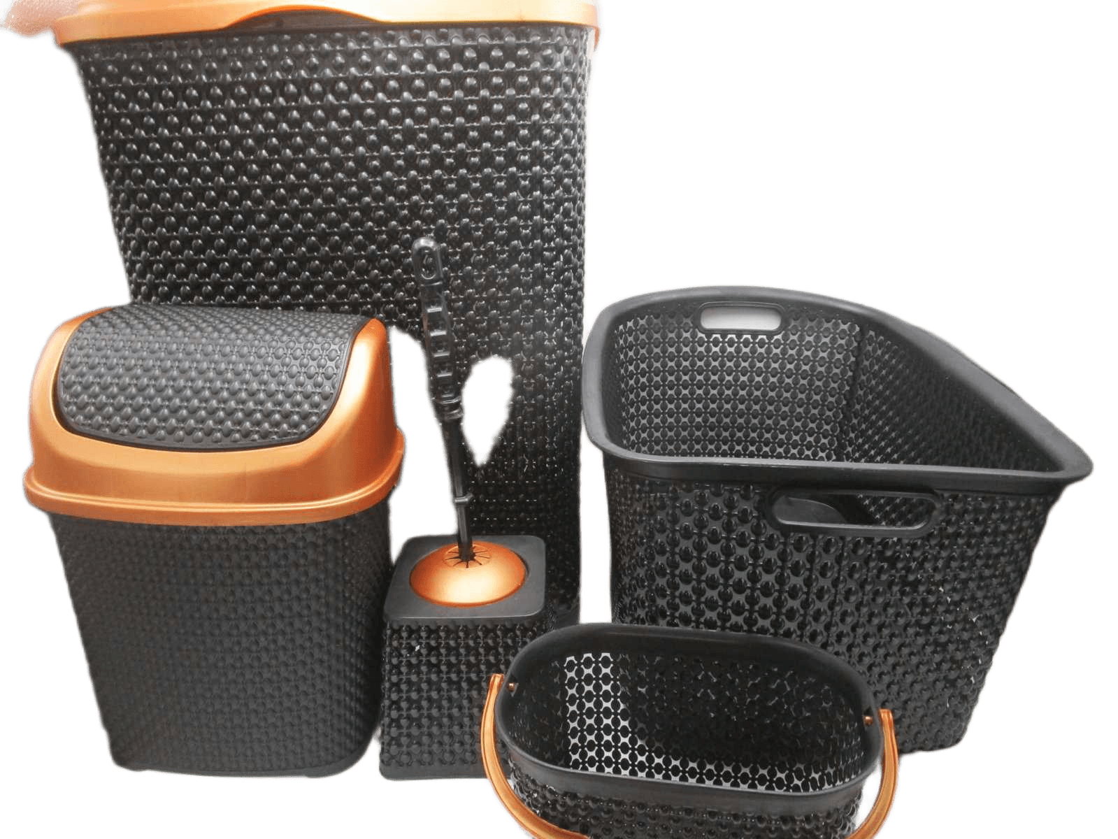 Bathroom Pearl Set 5 In 1 Cleaning Set 5 Pcs As Picture Laundry Basket 55l - Laundry Basket 35l - Dustbin 6l - Small Basket 2.5l - Wc Brush Black/Copper