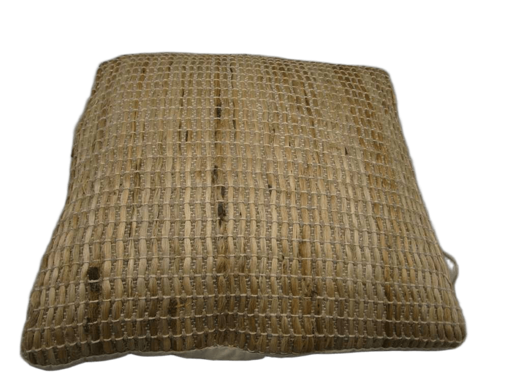 Cushion : Front In Cotton/Jute Rug Quality. Back In Solid Cotton With Zipper. Vacuum Packed With 400 Gms Polyfill Filler Inside. Cover - Front- 90% Jute, 10% Cotton Back - 100% Cotton Filler - 100% Polyester