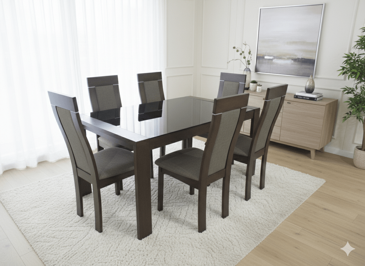 Dining Table Extension 1500x900 +glass And Wood Clr:b.beech+ 6 Chairs Clr:b.beech/G.honey Ref:tge-6703bbh+cb-3921yb (5cl)