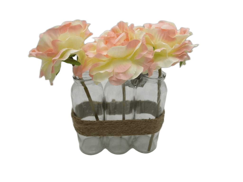 Artificial Flowers X3 With Glass Vase