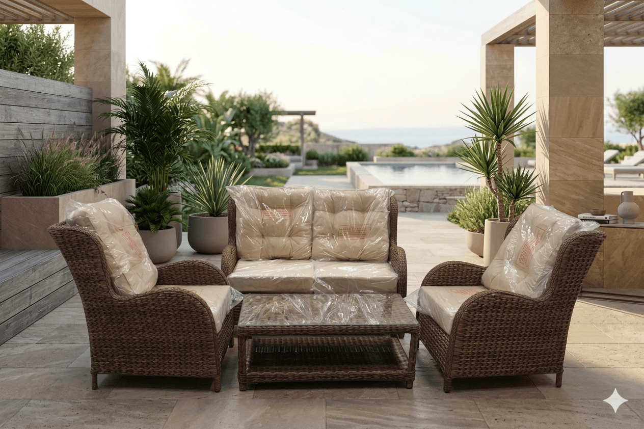 Sofa Garden Set 2+1+1+coffee Table 5mm Tempered Glass 2s: 1320*750 1s: 700*750 Ct: 1000*560*400 Brown 12 Dx1006aa Fabric Beige Bx5011