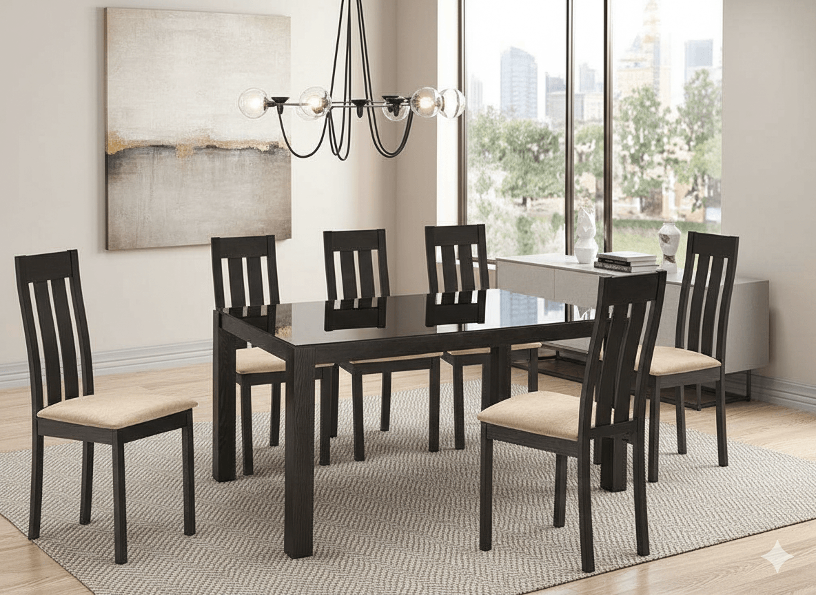Dining Table Wood 1800x900x728+glass Clr:d.walnut+6chairs Clr:d.walnut/Mangoli Ref:tg-6042bbhcb-2442ybh (5cl)