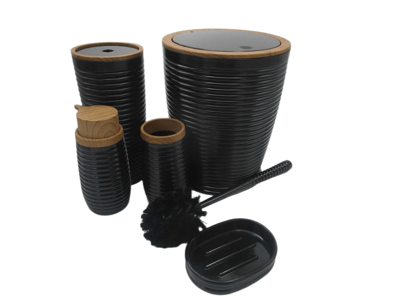 Bathroom Set Of Fo 5 Pieces 23,5 Cm ø19 Cm Toilet Brush & Holder: 34,2 Cm ø10,2 Cm Soap Dispenser : 16,5 Cm ø8,4 Cm Toothbrush Holder : 10,8 Cm ø8,4 Cm Soap Dish : 2,4 Cm 9,1 12,5 Cm White / Wood Top