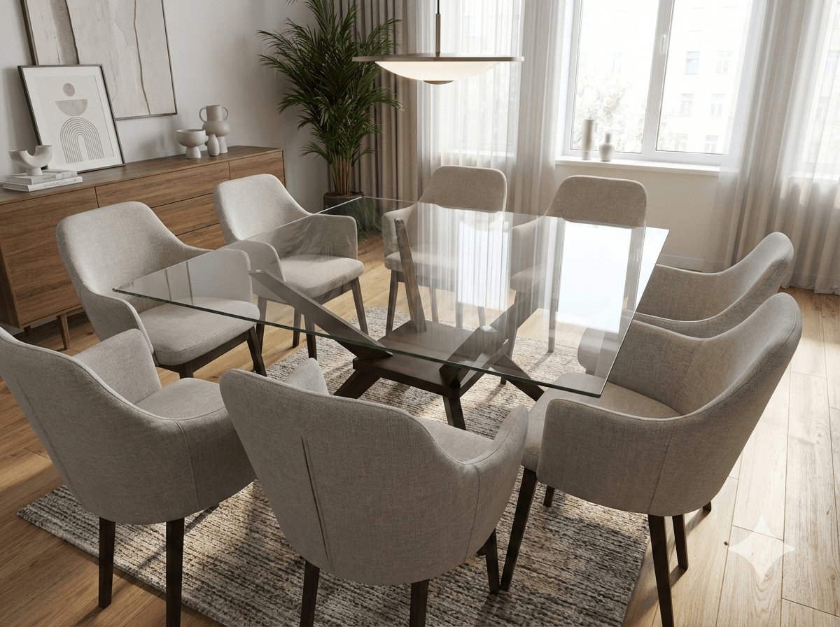 Dining Table +8*chairs Clear Tempered Glass Top, Solid Beech Legt: 1400*1400*750 C:585*550*880wood:burn Beech Fabric:yk1703-9c