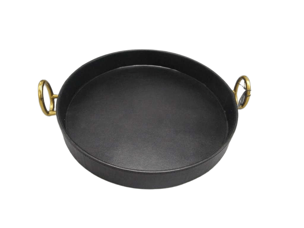 Tray Round Leather With Gold Handle Medium Material : Leather