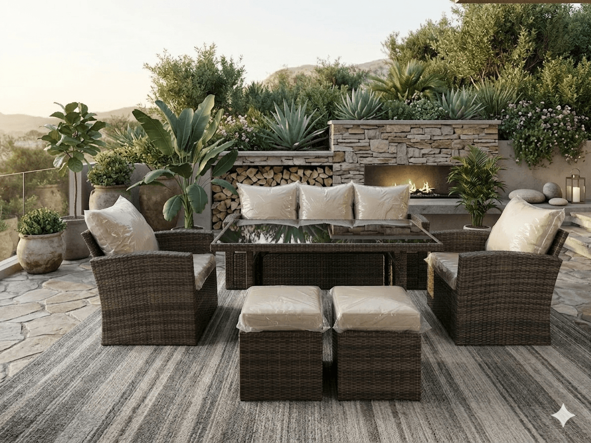 Sofa 3 Seater + 1 Seater X2 Sofa+dining Table+2 Footstood W Seat Cushion Tempered Glass 5mmratan:brown Mixed+ Textile Ht304