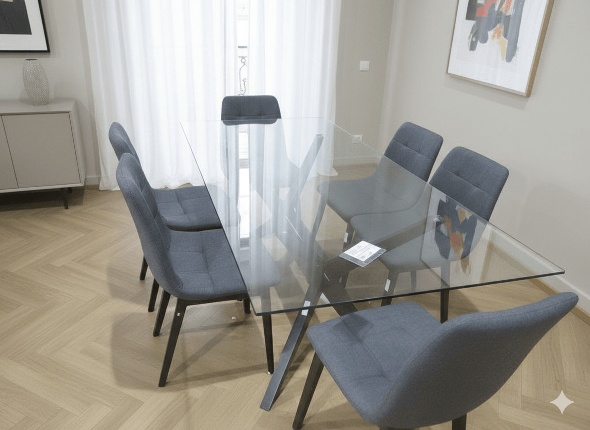 Dinning Table + 6* Chairs Clear Tempered Glass Top, Solid Beech Leg Chair:6pcs/Ctnwood:burn Beech Fabric:grey-G0645t: 1800*900*750 C:460*560*860