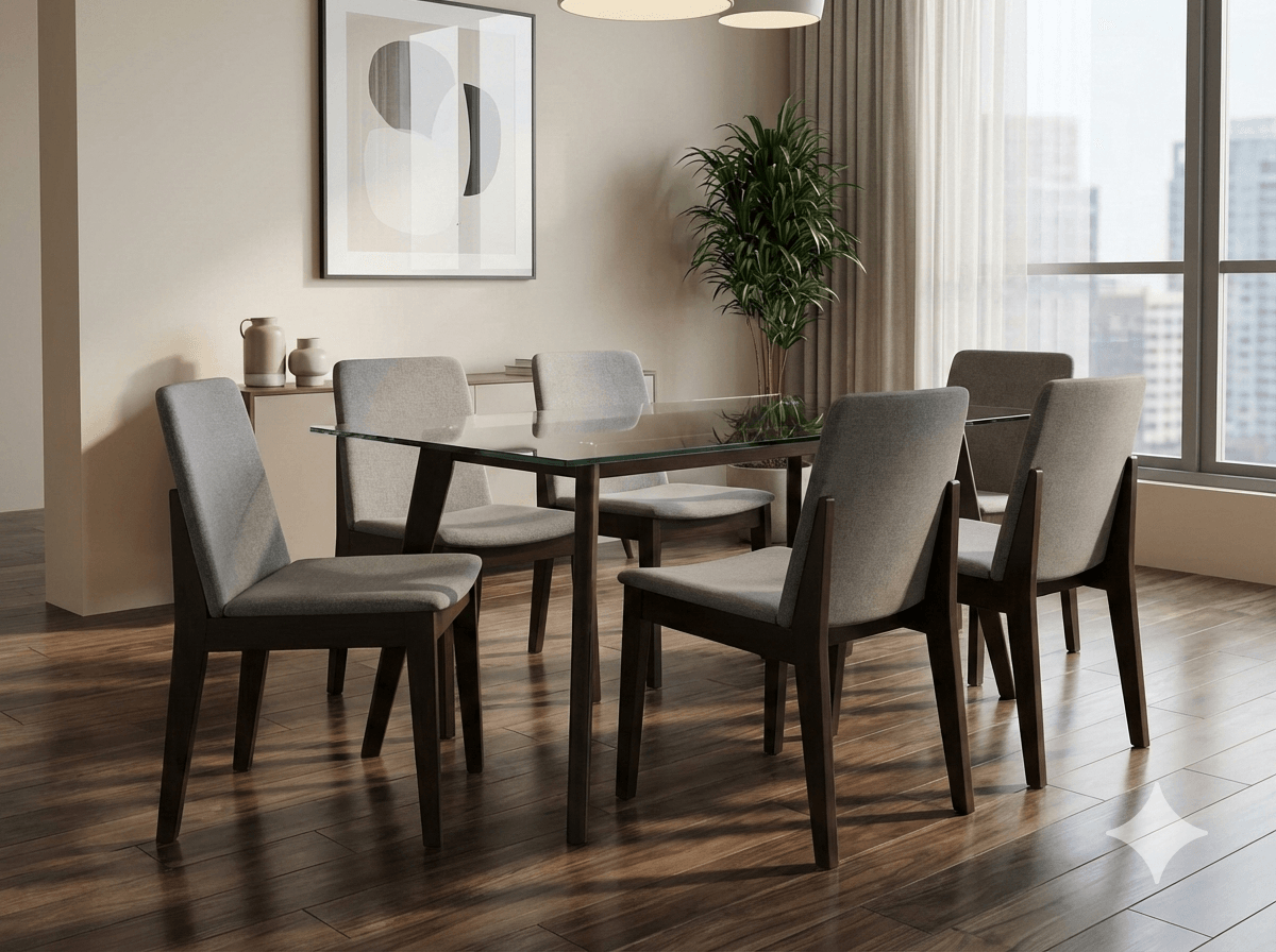 Dining Table+ 6*chairs Tempered Glass Top, Solid Beech Legt:1500*900*750 C:480*570*830wood:burn Beech Fabric:camel Xd74902