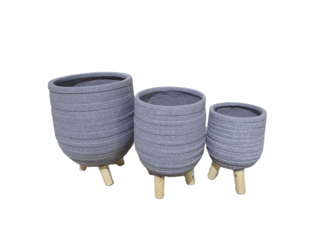Flower Pot Set Of 3 W Wood Shelf Without Flower S: Grey