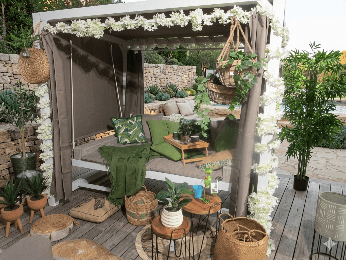 Steel Swing Bed W Shelter & Curtains Iron Structure Metal: White Fabric: Taupe 236*180*210