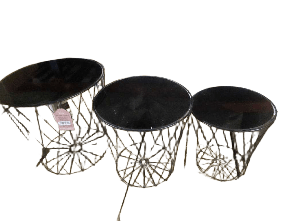 Side Table Art Up - Set Of 3 Black Mirror With Structure In Black Metal
