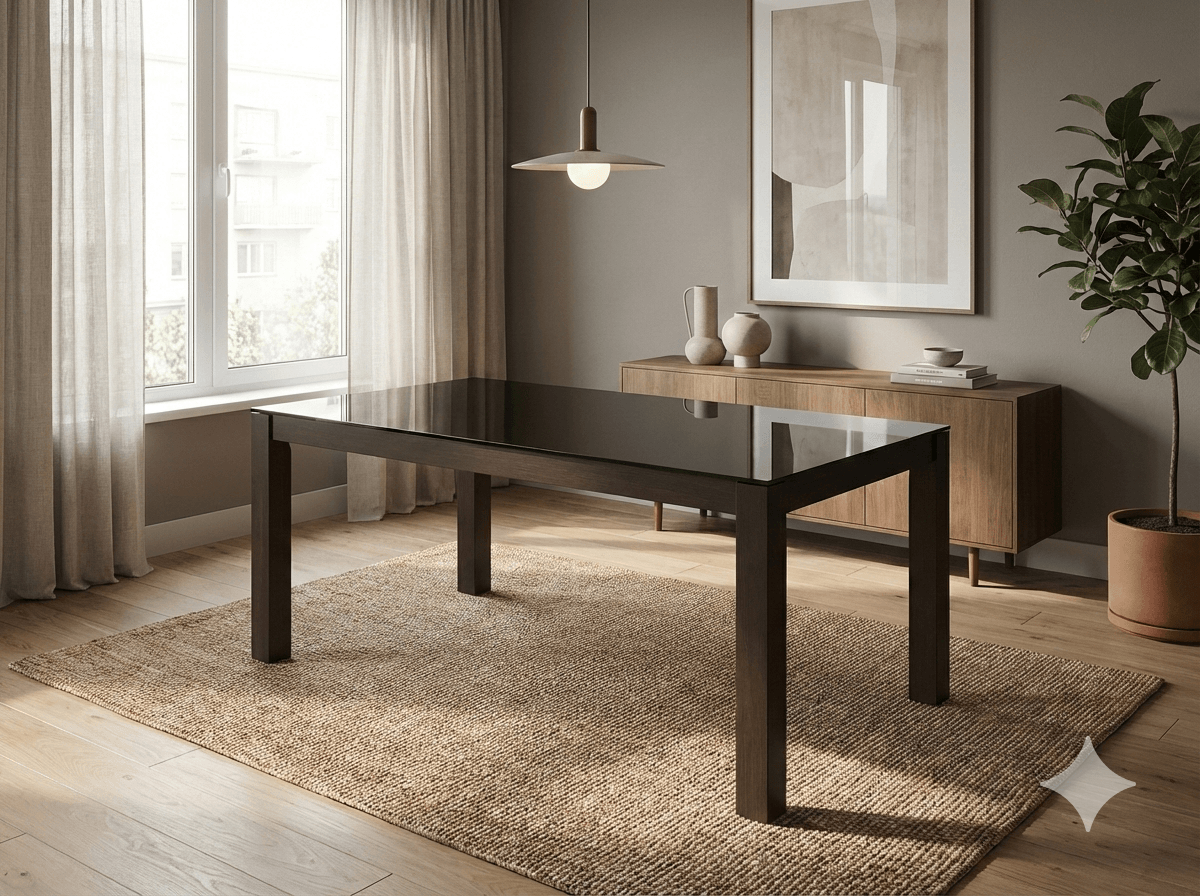 Dinning Table Black Tempered Glass Top 8mm, Solid Beech Legburn Beech 1800*900*728