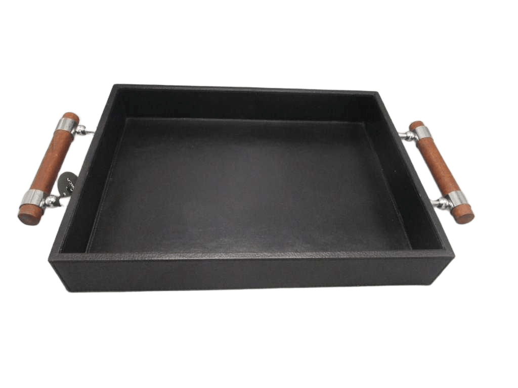 Tray Rectangular Leather With Wooden & Steel Handle Large Material : Leather