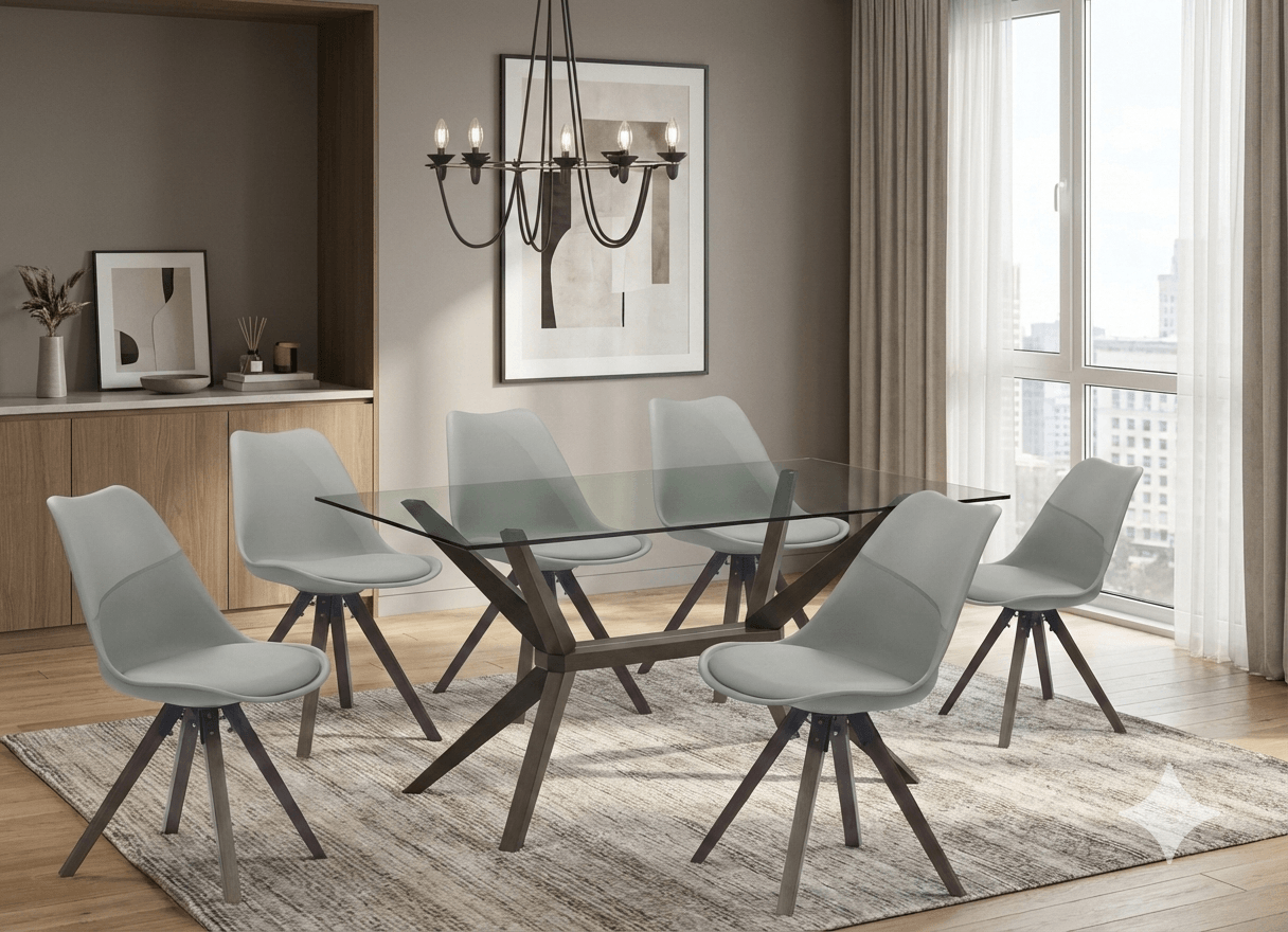 Dining Table + 6*chairs Beech Solid Wood, Tempered Glass Topt:1500*900*750 C:485*560*800wood:burn Beech Fabric:p-Grey