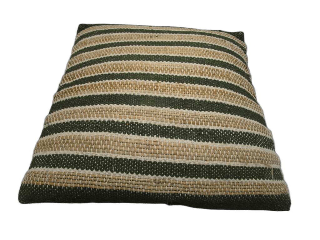 Cushion ; Front In Cotton/Jute Rug Quality. Back In Solid Cotton With Zipper. Vacuum Packed With 400 Gms Polyfill Filler Inside. Cover - Front - 70% Jute, 30% Cotton Back - 100% Cotton Filler - 100% Polyester