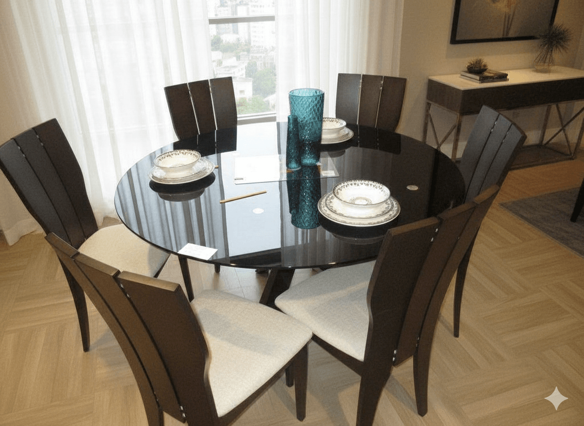 Table Dining Round Glass 140x140 Cm+ 6 Chairs Clr Dk.walnut Ref Tg-6872gbhcb-3971ybh