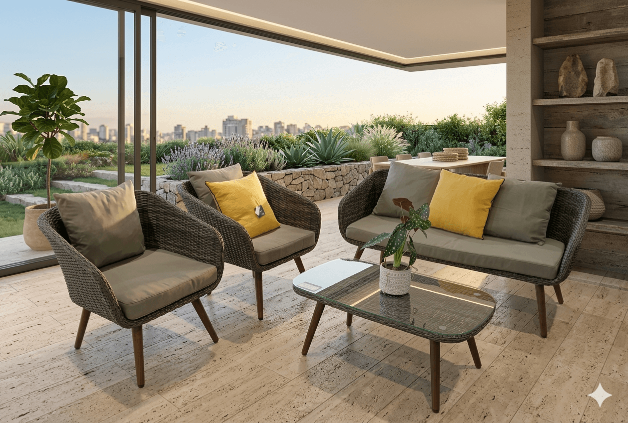 Sofa Garden Set 2+1+1+coffee Table 4 Cushion 5mm Tempered Glass 2s: 1440*670 1s: 680*670 Ct: 900*550*400 Cz3365 Grey Fabric Kaki As Sample