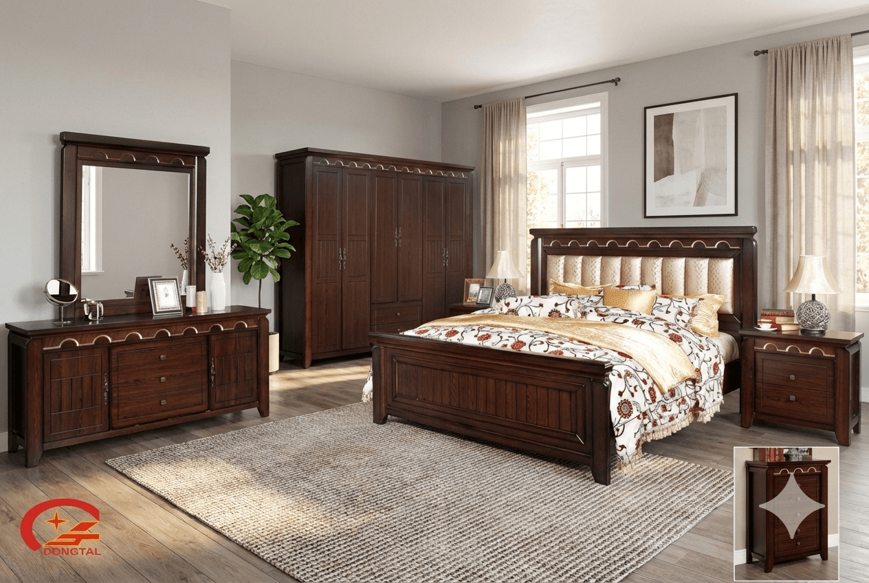 Bed 200x200+ 2ns+ Dresser+ Mirror+ Stool Brown B_x000d_: 2360*2100*1450 2ns: 720*450*700 D+m+s: 1700*470*2050