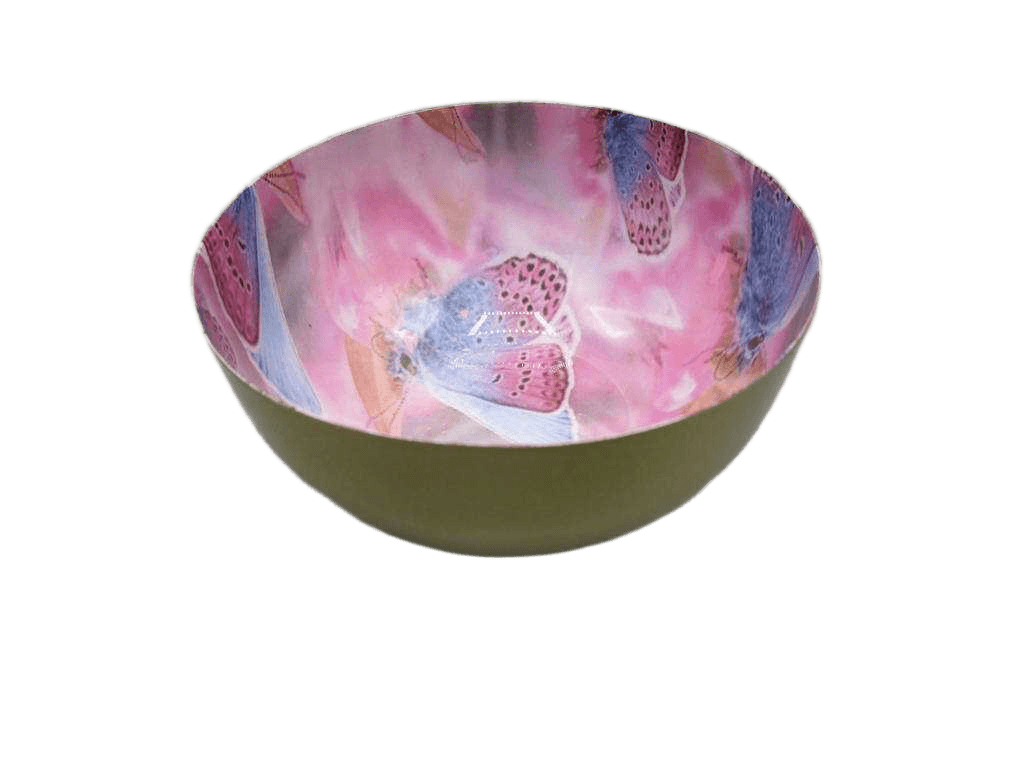 Bowl Metal Enamel- Pink/Blue Butterfly Pattern