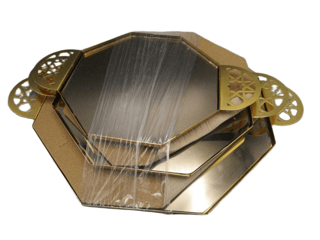 Tray Set Of 3 Hexagon G/M/P Mirror Effects + Gold Arabesque Handles G=30 Cm M=25 Cm D=20 Cm