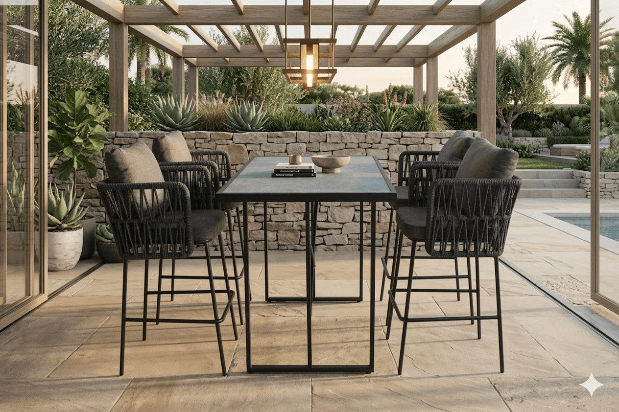 Bar Table Set + 4 Bar Chair With Cushion 130x75x96 Cm Black And Wood Chair Dark Grey