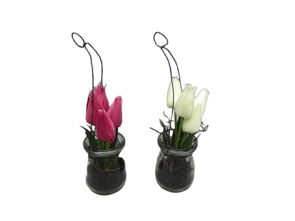 Artificial Ass 2 4 Heads Tulip With Black Stone In Hanging Milk Bottle