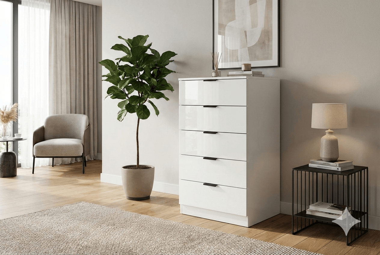 Cabinet 5 Drawers ( Black Handles ) Mat White