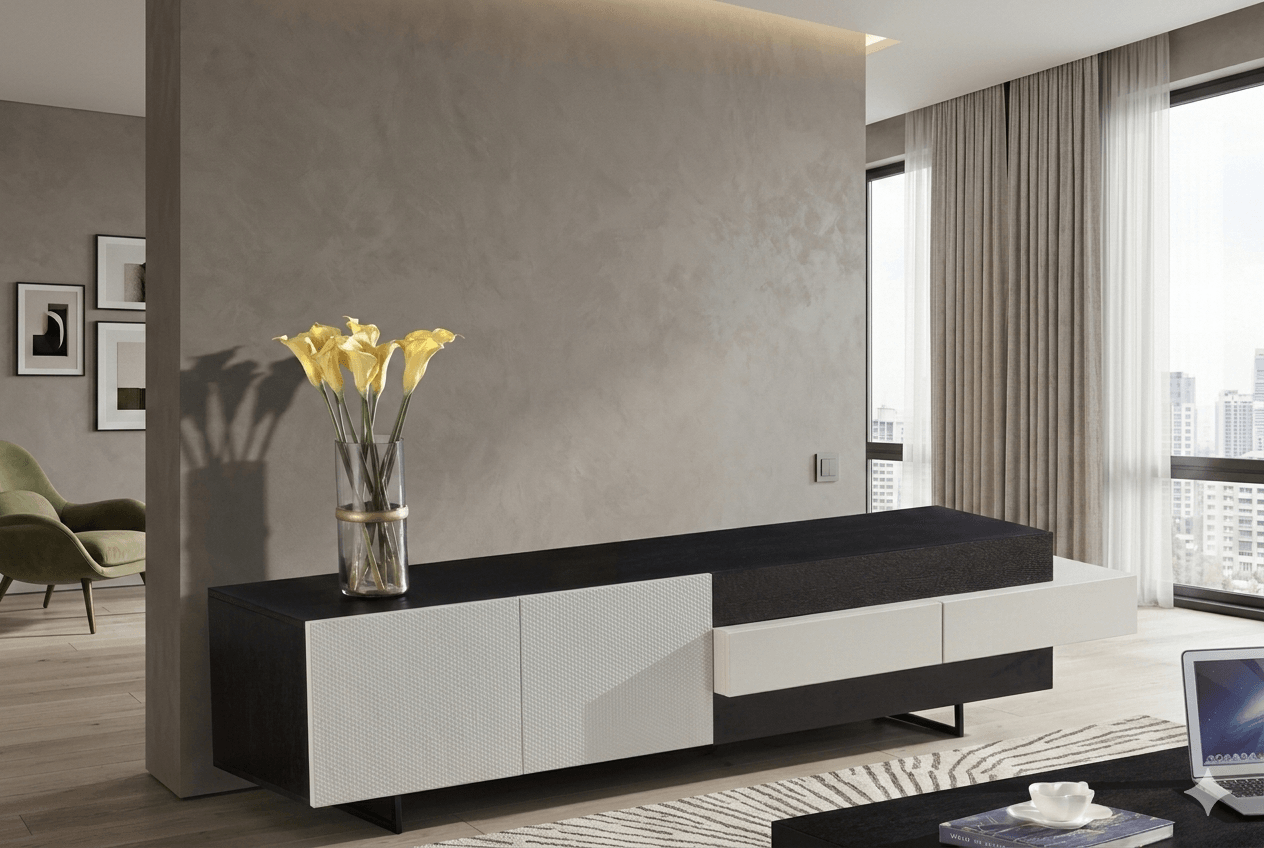 Tv Unit Mdf+wood Veneer, +metalblack Oak Veneer +hc-04 Khaki