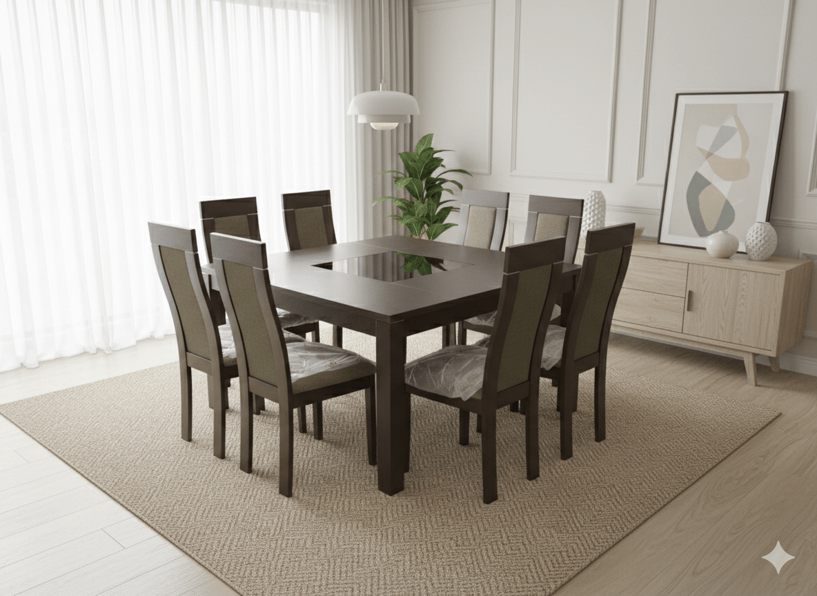 Dining Table Square 1400x1400 +glass &wood Clr:burn Beech+ 8 Chairs Clr:b.beech/G.honey Ref: Tg-4922bbh+cb-3921ybh (5cl)