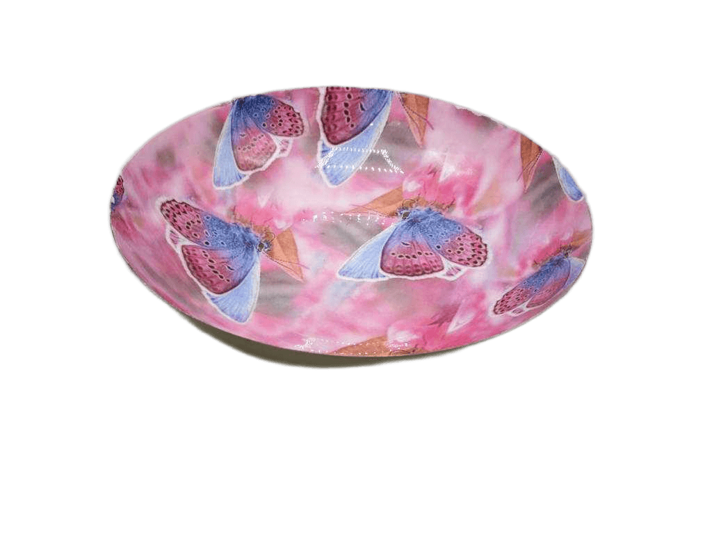 Bowl Metal With Enamel- Pink/Blue Butterfly Pattern