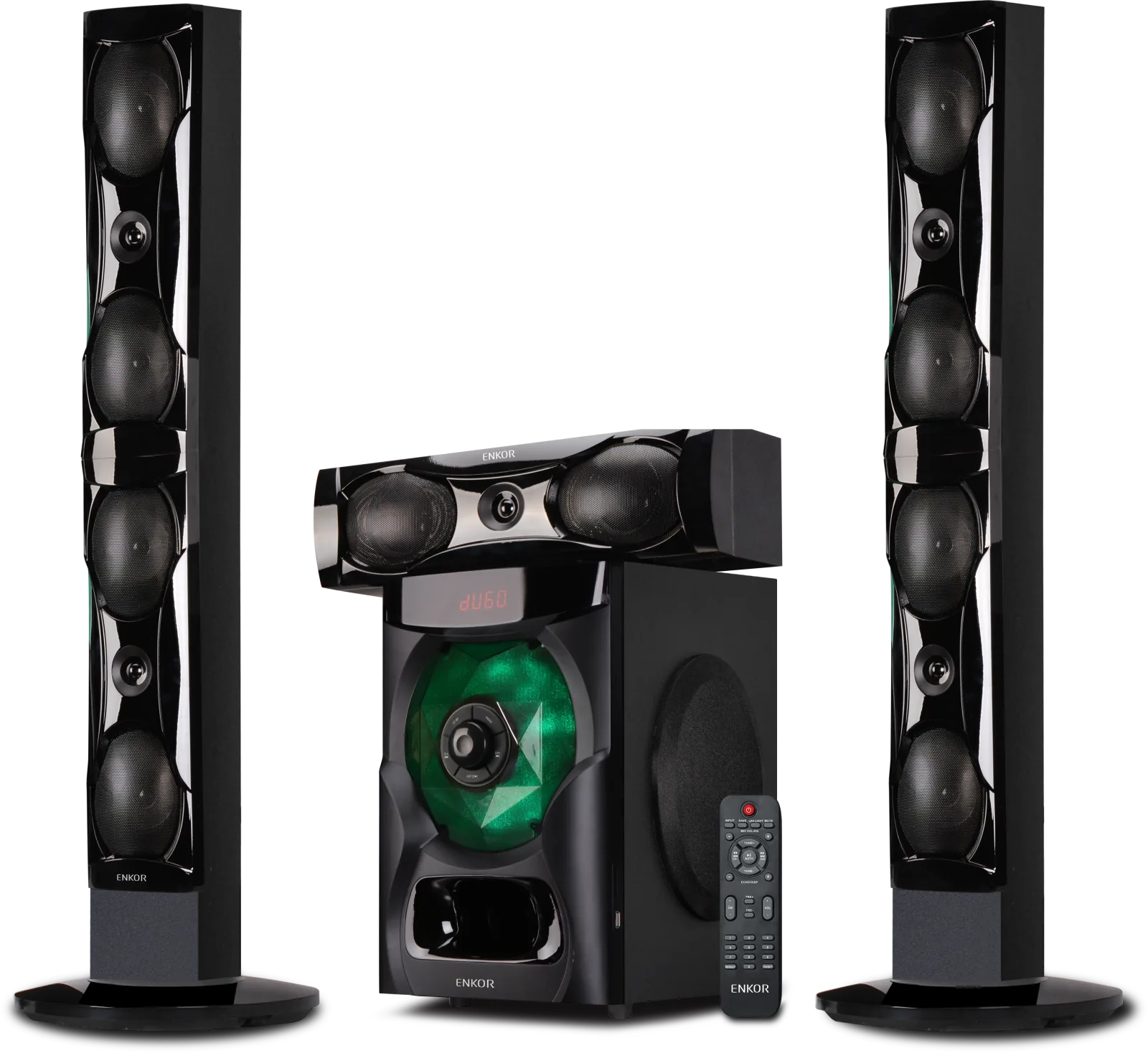 ENKOR ENKOR EK31801MT — 3.1 channel tall-boy system with green-lit subwoofer.