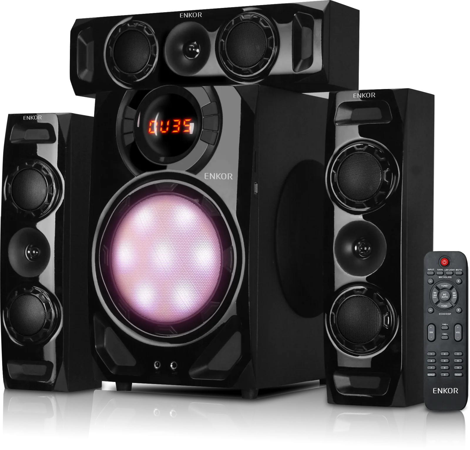 ENKOR ENKOR EK3182M — 3.1 channel system with an RGB-lit 8" woofer and karaoke inputs.