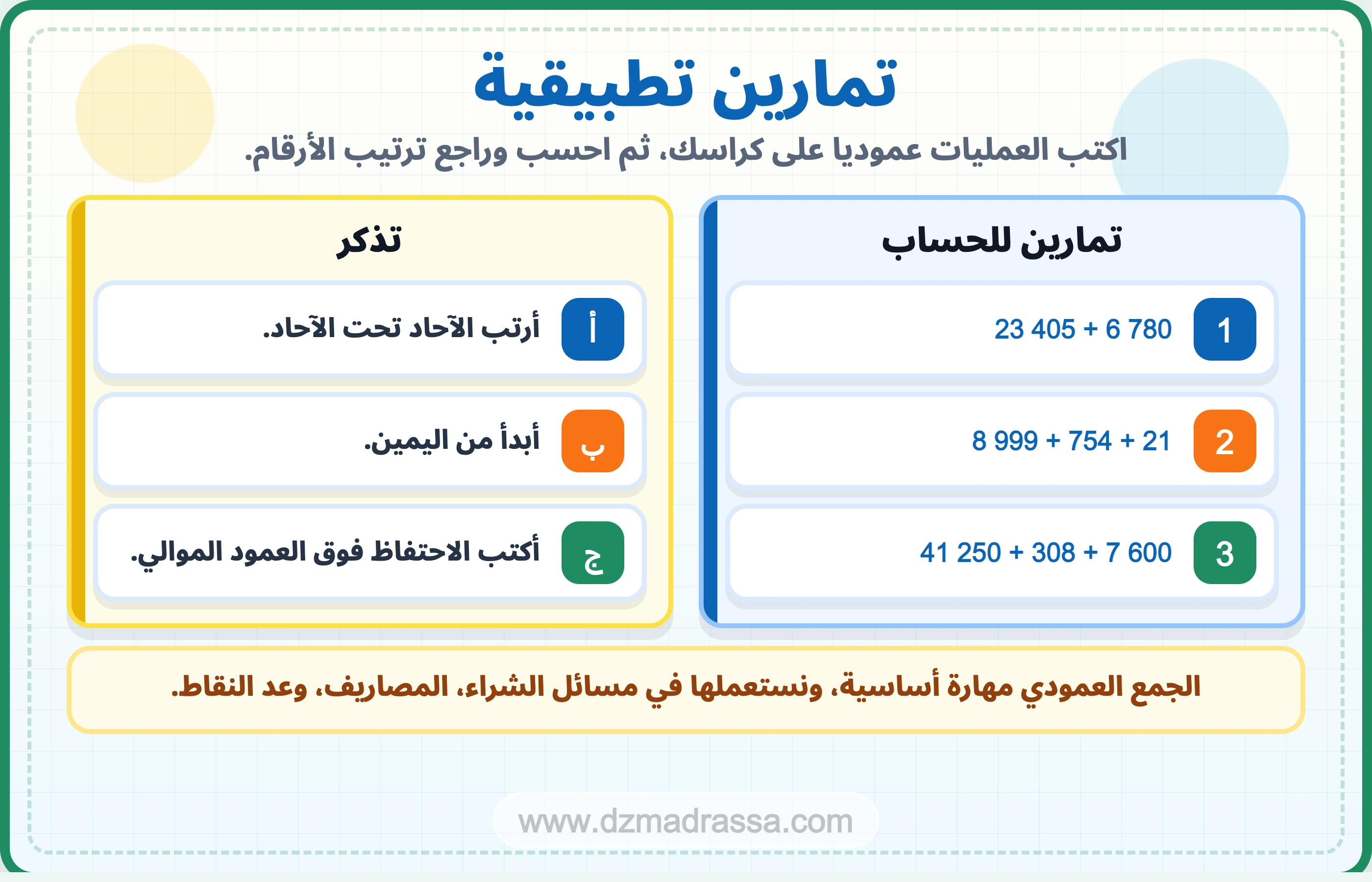 تمارين تطبيقية في درس آلية الجمع للسنة الرابعة ابتدائي