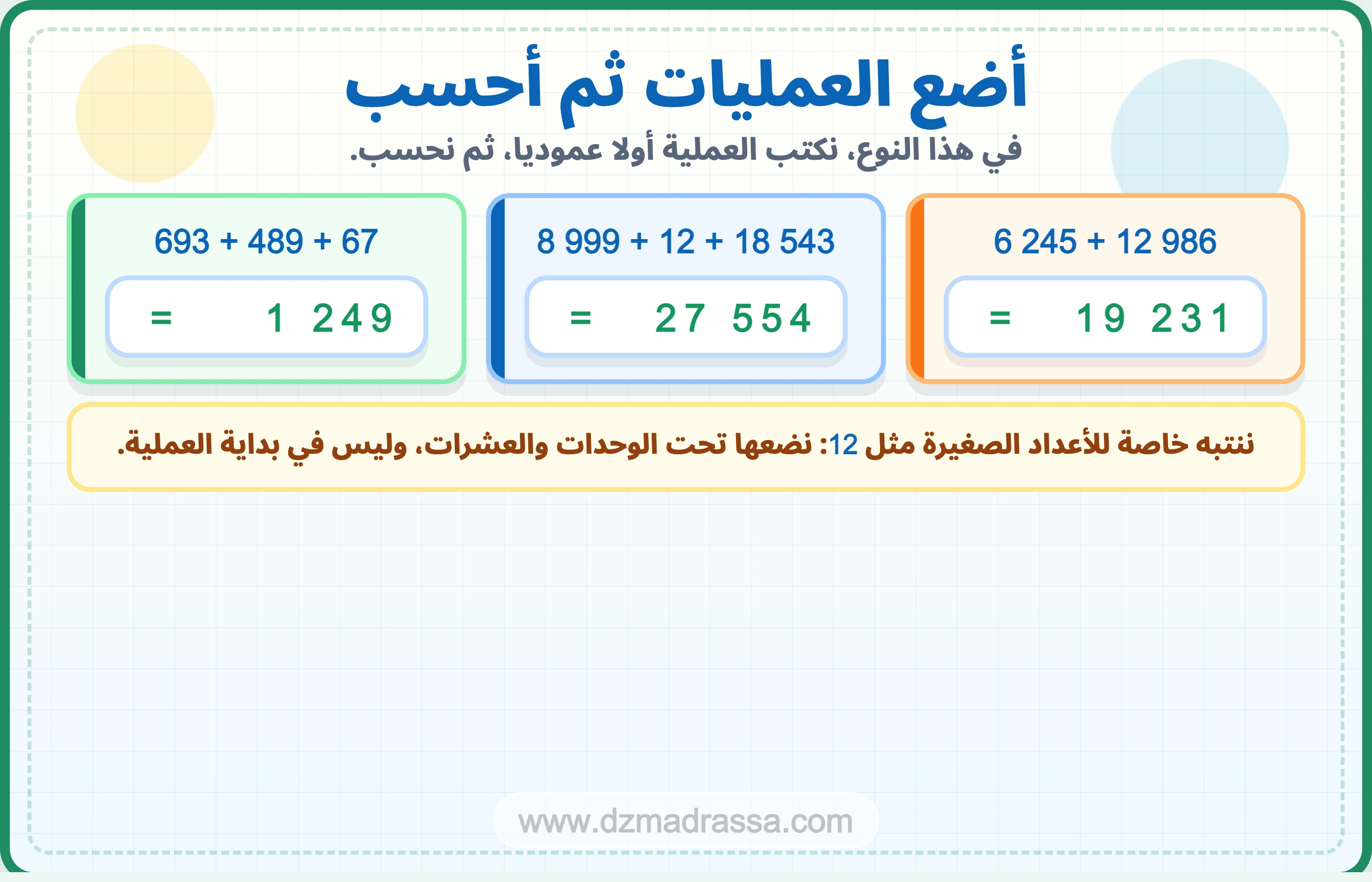 أضع العمليات ثم أحسب في درس آلية الجمع للسنة الرابعة ابتدائي
