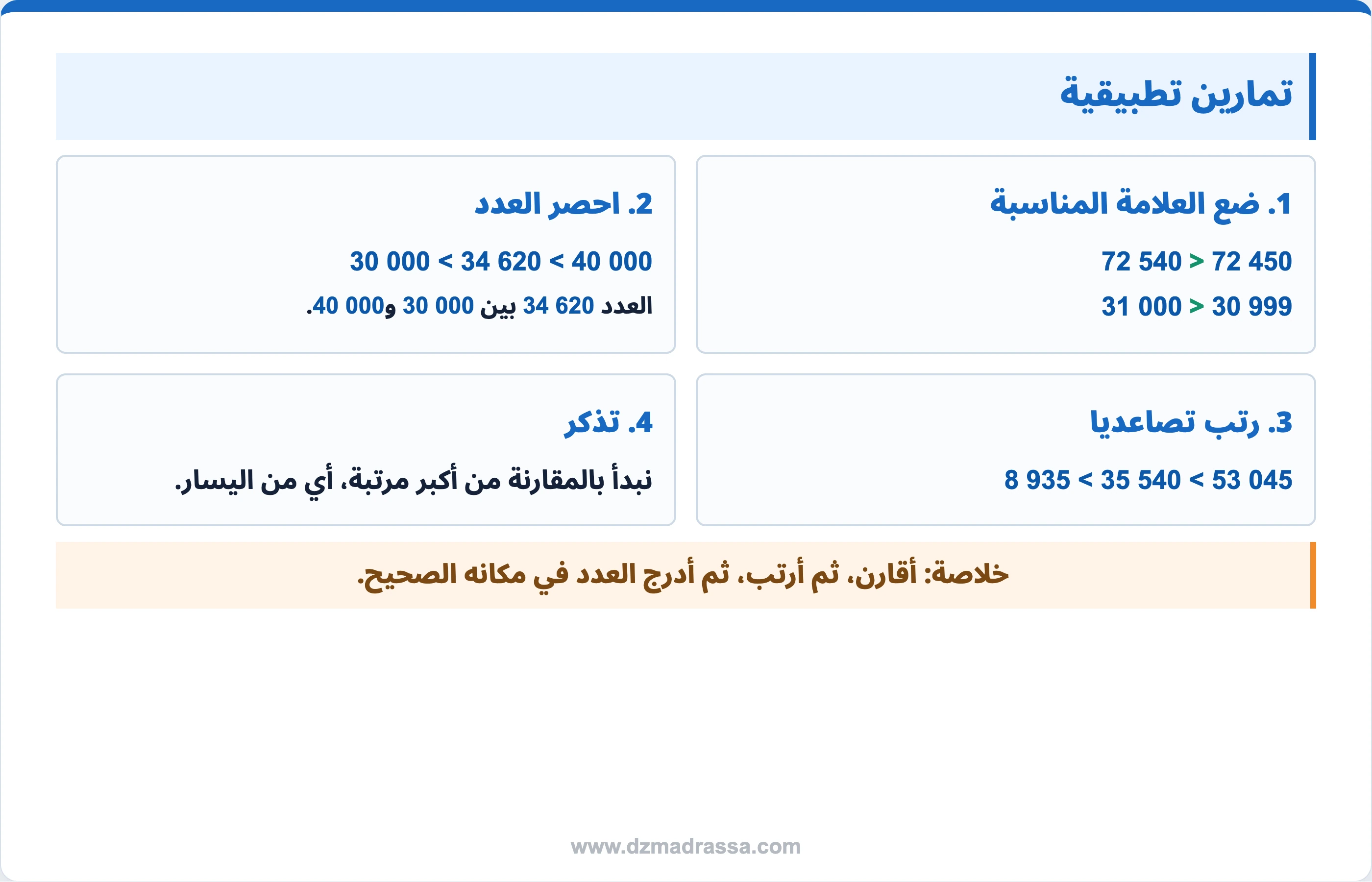 تمارين تطبيقية في درس مقارنة وترتيب الأعداد الأصغر من 100000