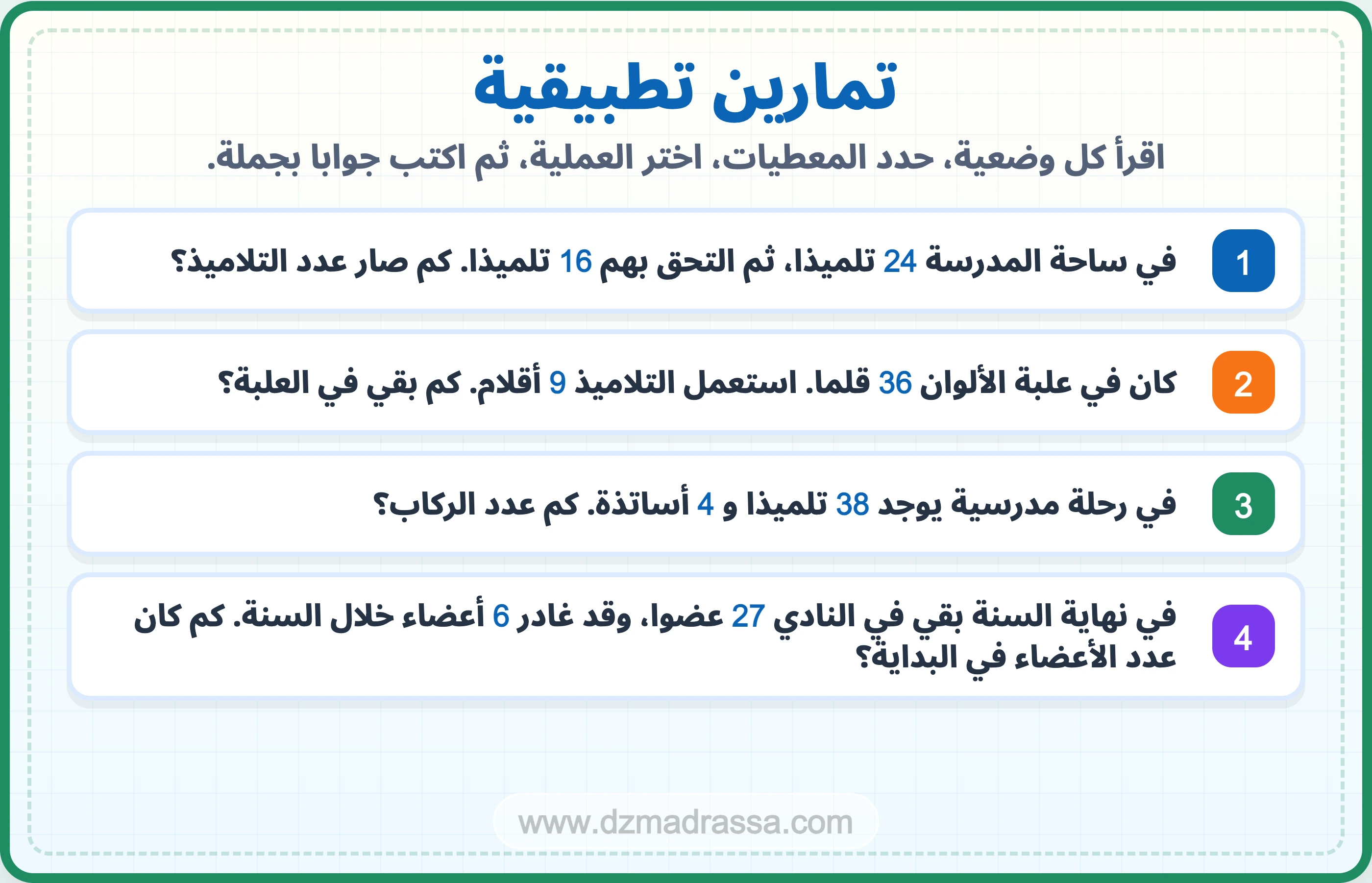 تمارين تطبيقية في درس مشكلات جمعية للسنة الرابعة ابتدائي