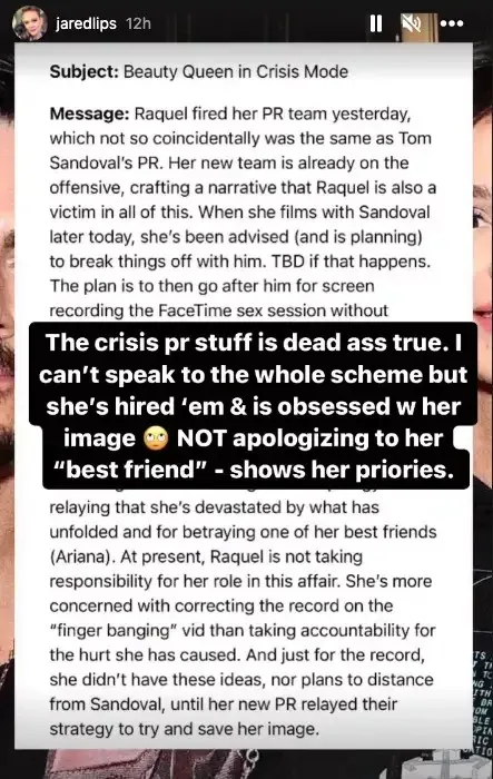 Les acteurs de *Vanderpump Rules* réagissent aux allégations selon lesquelles Raquel Leviss aurait mis en place un plan de relations publiques pour se présenter comme la victime et accabler Tom Sandoval de toutes les responsabilités.