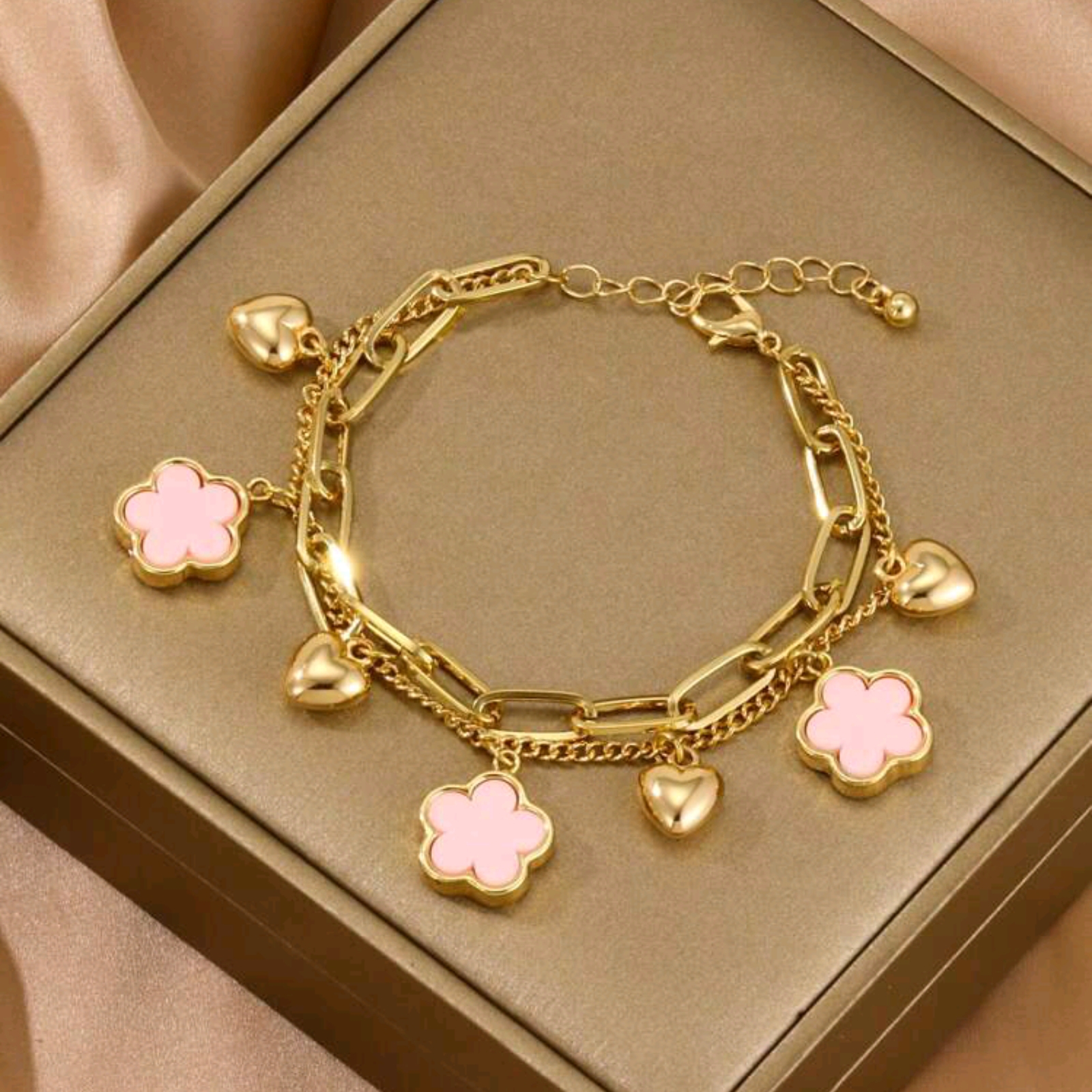 1pc Double Layer Four-Leaf Clover Heart Charm Bracelet
