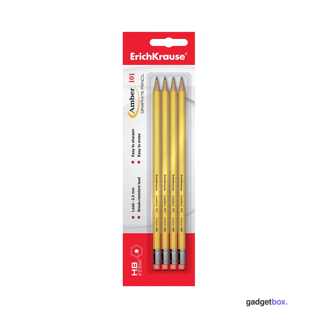 Блистер чернографитных шестигранных карандашей с ластиком ErichKrause® Amber 101 HB (4 карандаша)