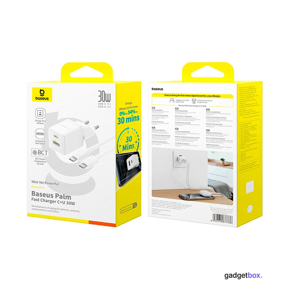 Адаптер питания Baseus Palm C+U 30W White( в комлпекте кабель Type-c) (P1011160A213-01)