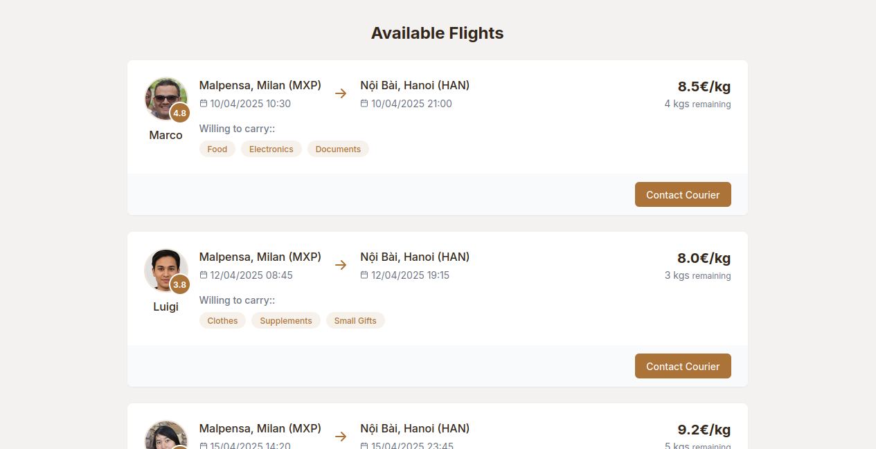 Peercels app preview showing flight search interface