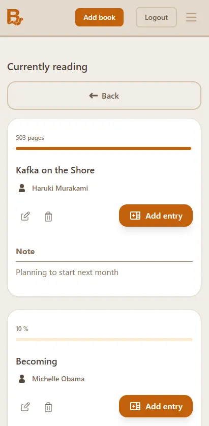Currently reading view showing progress and quick actions