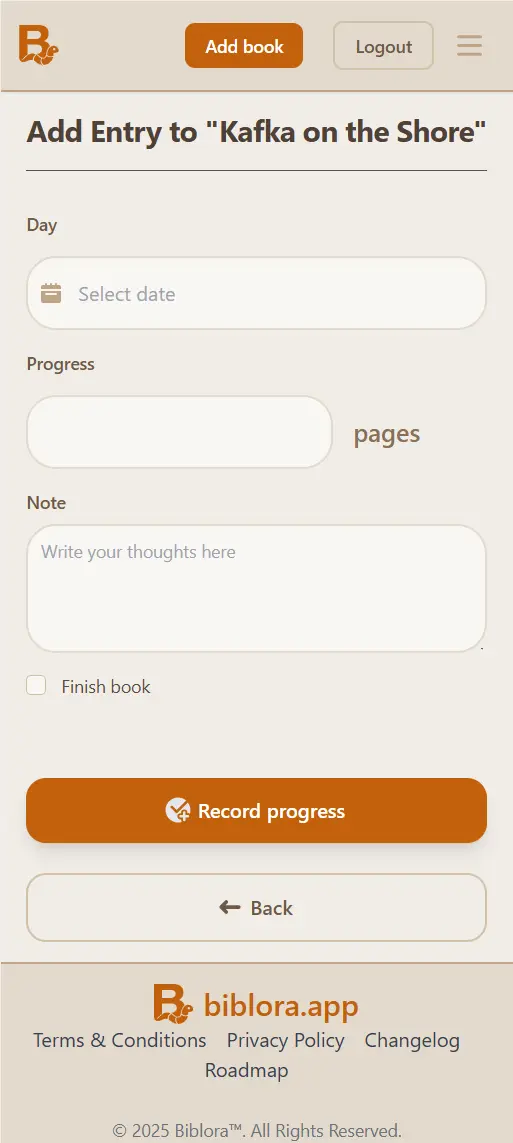 Add a reading entry by pages, minutes, or percentage